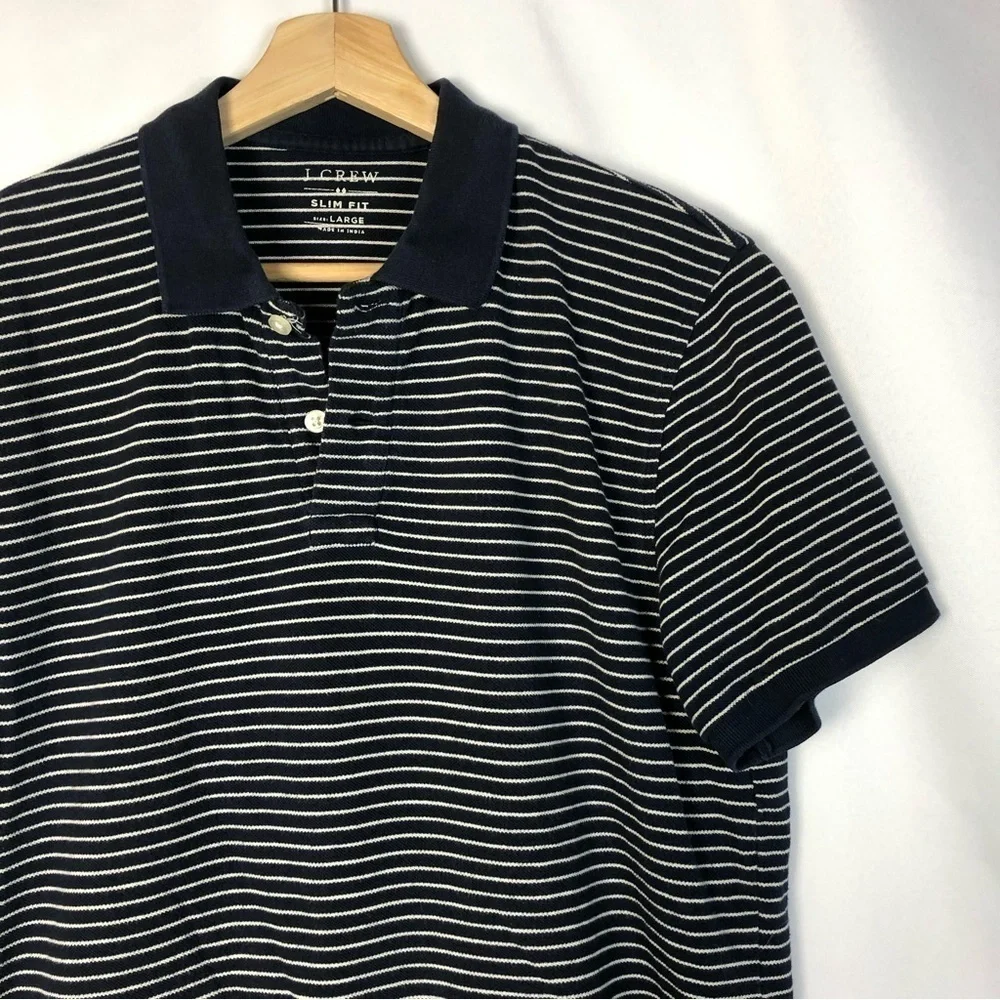 J. Crew Slim Striped Pique Polo Navy Blue &‎ White Stripe Short Sleeve Polo L